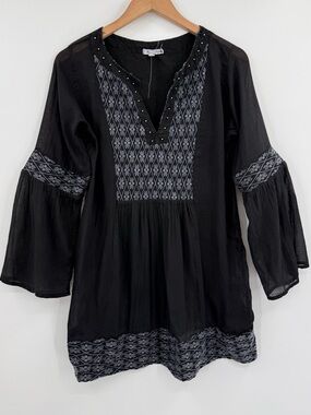 Raven + Lily Embroidered Cotton & Silk Bell Sleeve Tunic Top | Black | Small